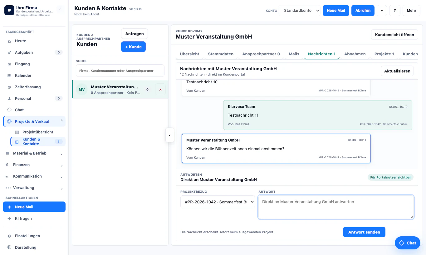 Klarvexo Kundenportal mit projektbezogenen Nachrichten