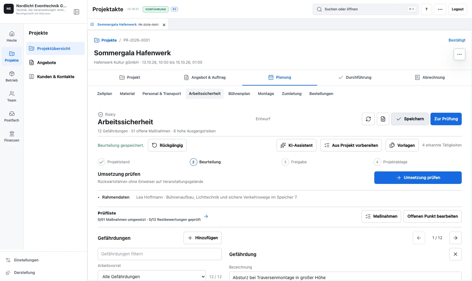 Originalansicht der V2 Arbeitssicherheit mit Gefährdungen und projektbezogenen Maßnahmen