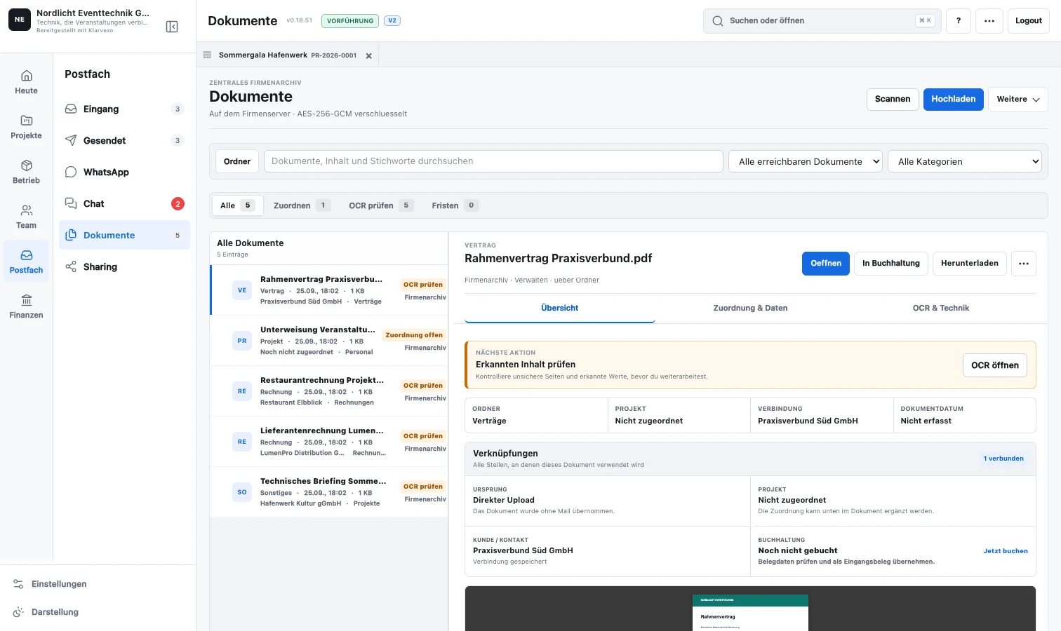 Klarvexo Dokumentenarbeitsbereich mit OCR und Belegzuordnung