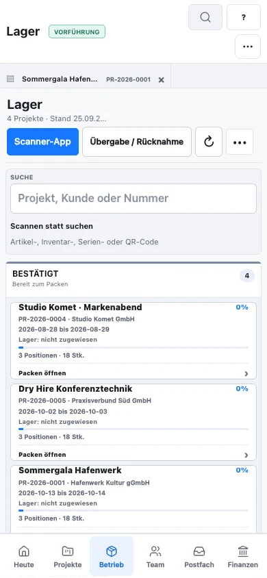 Originalaufnahme der V2 Lagerübersicht im mobilen Browser