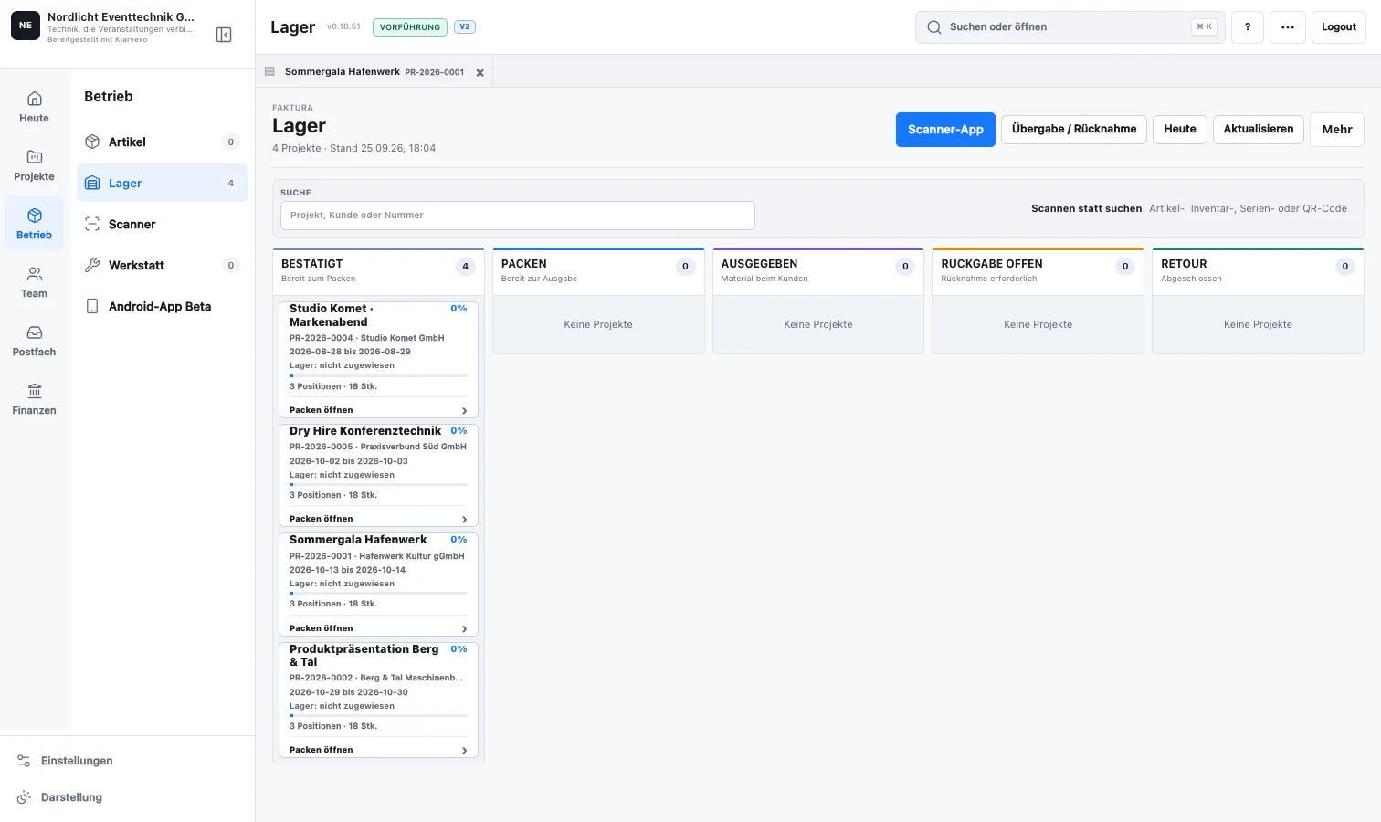 Originalansicht der V2 Lagerübersicht mit Projekten und Packstatus