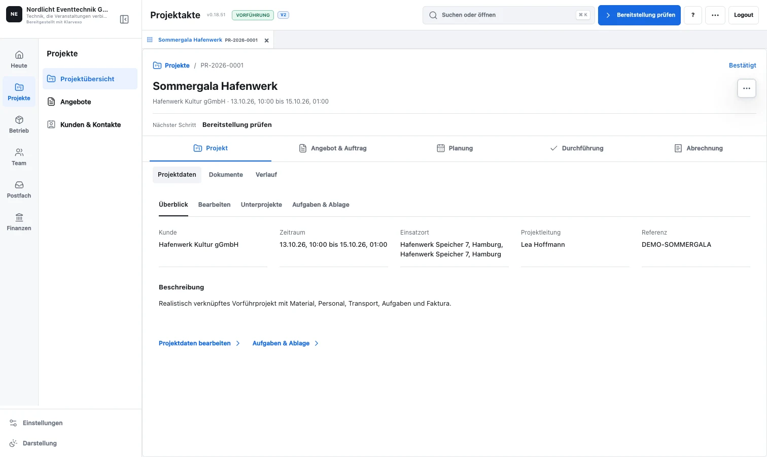Klarvexo Projektakte mit Projektfortschritt, Zeitplan und Faktura
