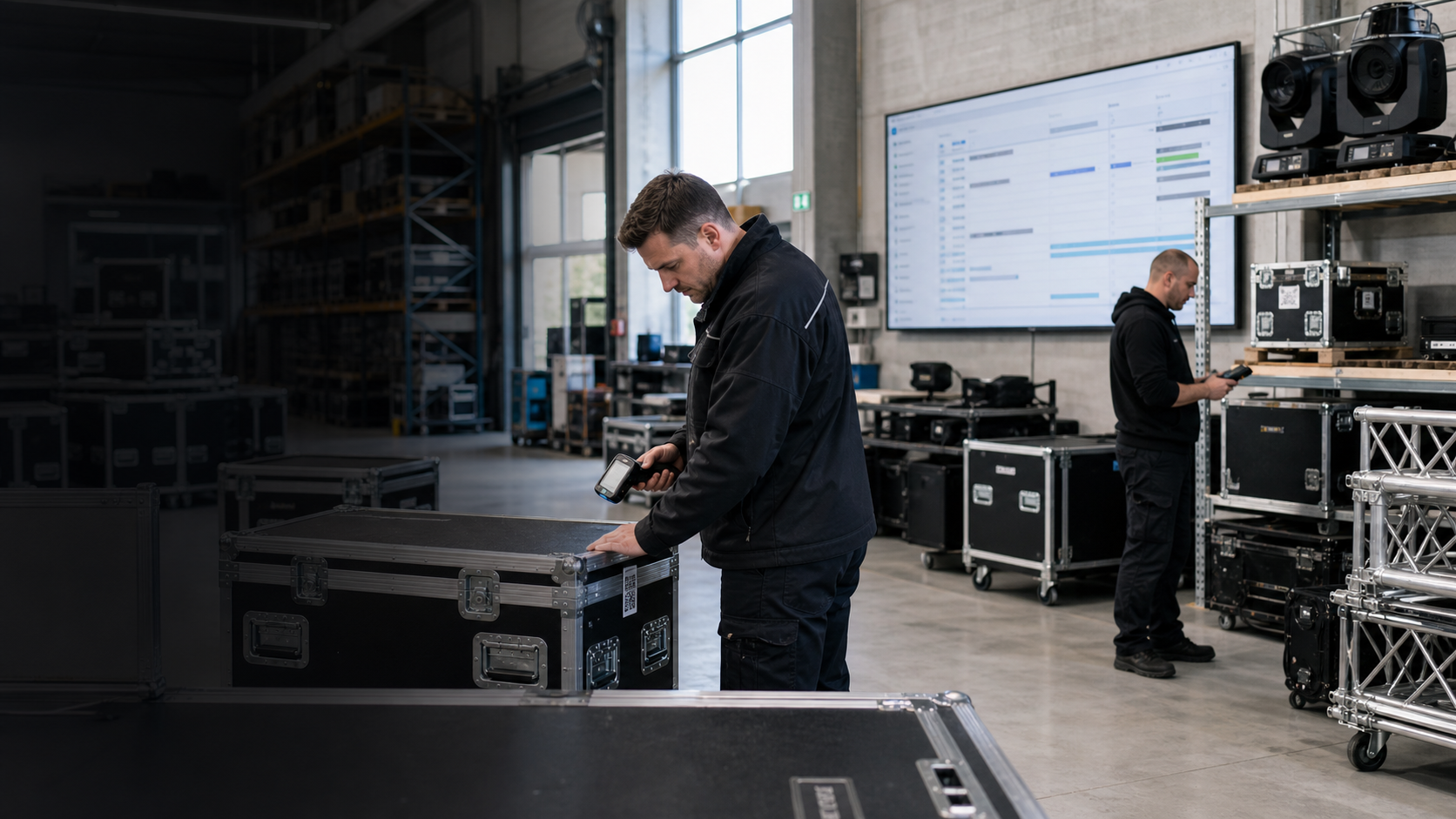 Veranstaltungstechniker beim Scannen von Material im Lager